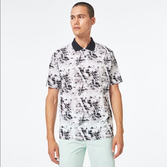 Oakley Polo Shirt Mens L Black White Hawaiian Golf Performance Hydrolix Azalea - Picture 4 of 4